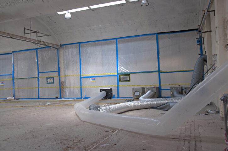 Zone de travail confinée sous pression négative, avec conduits de filtration