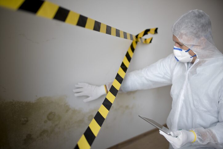 Inspecteur en équipement de protection documentant une contamination fongique